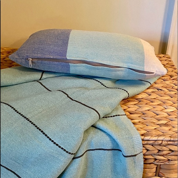 Organic Cotton Throw Blanket Water Green Black Minimal Stripe Boho Coastal Set 2 - Picture 5 of 9